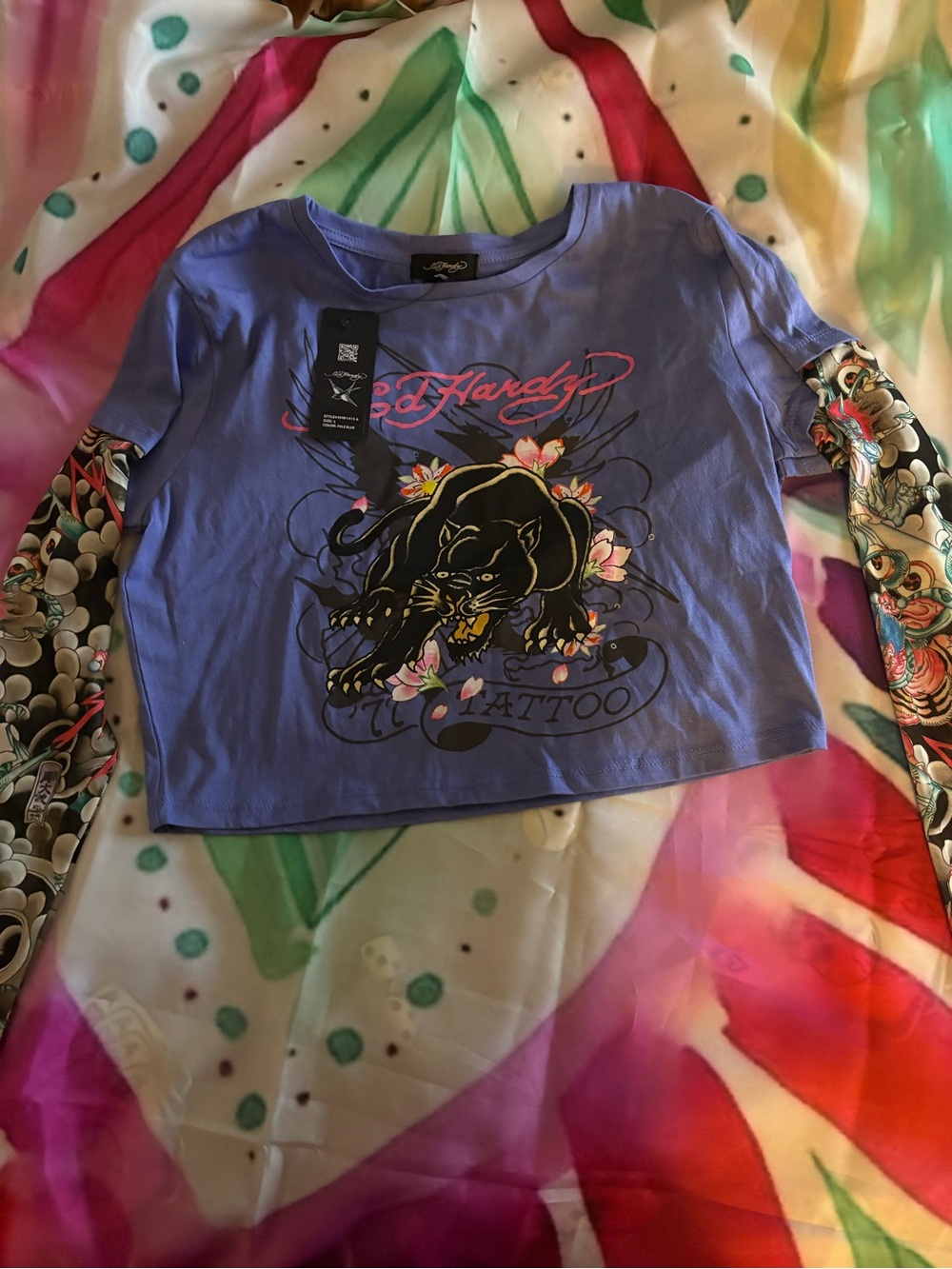 Ed Hardy Women’s lavender Panther Graphic Long-Sleeve Crop Top